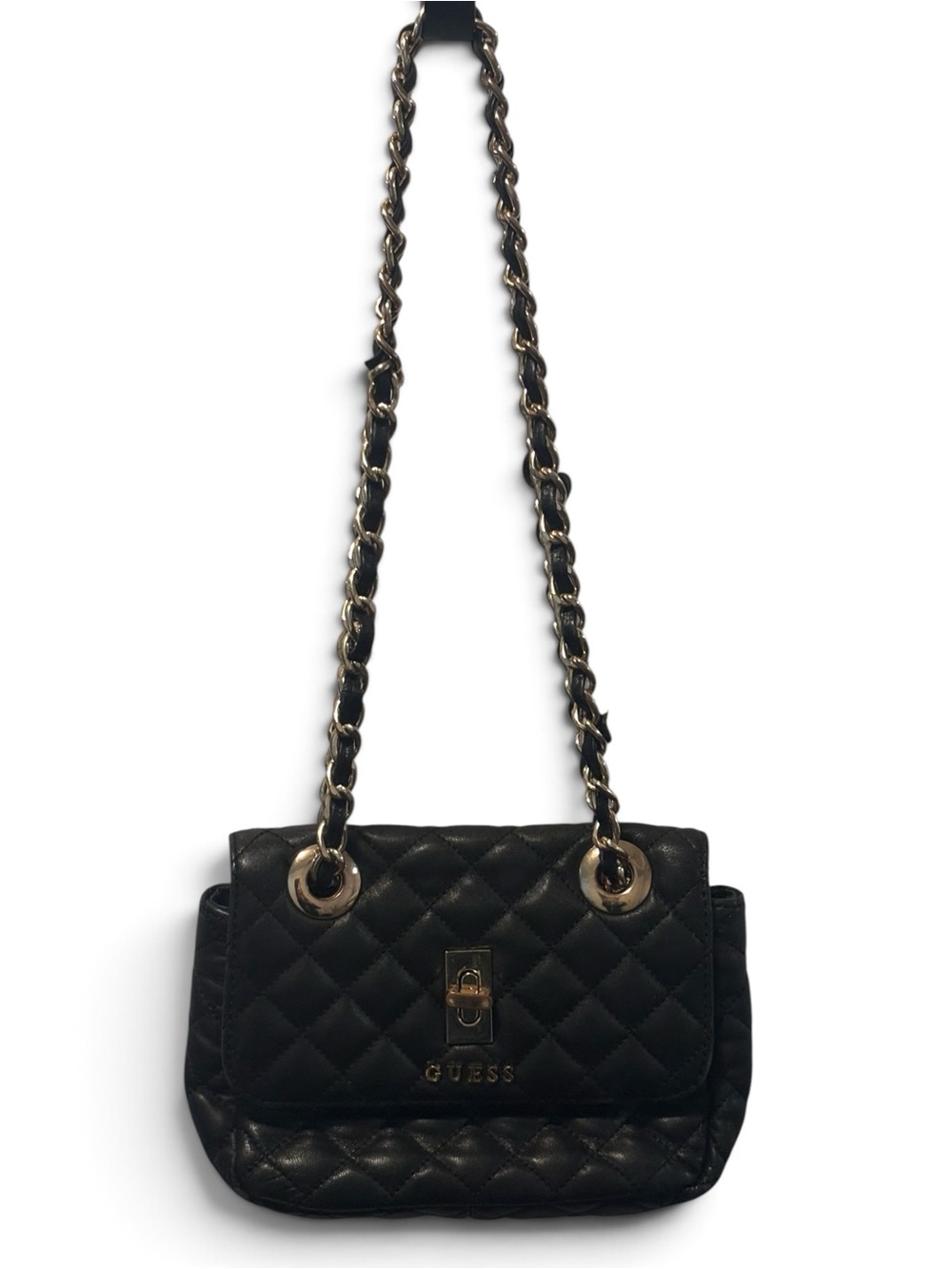 Guess Black Quilted Chain Shoulder Bag Gold Turn Lock Designer Purse